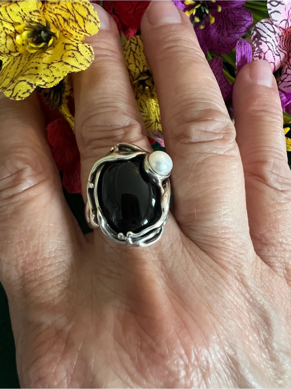 Hagit Gorali Sterling Silver Oval Black Onyx Ring with Pearl